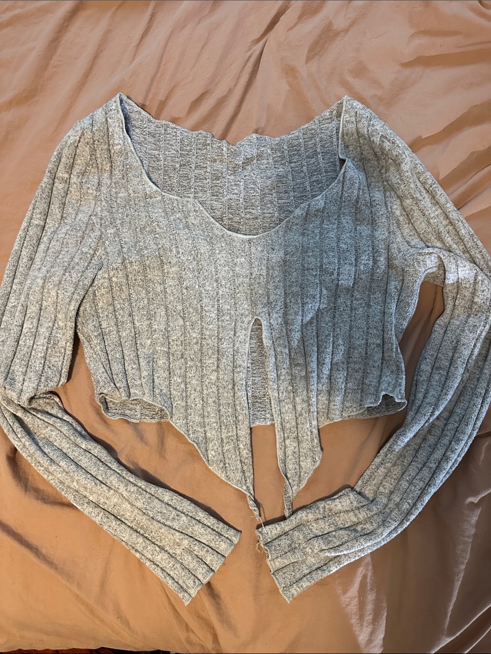 Grey Ribbed Tie-Front Long Sleeve Crop Top